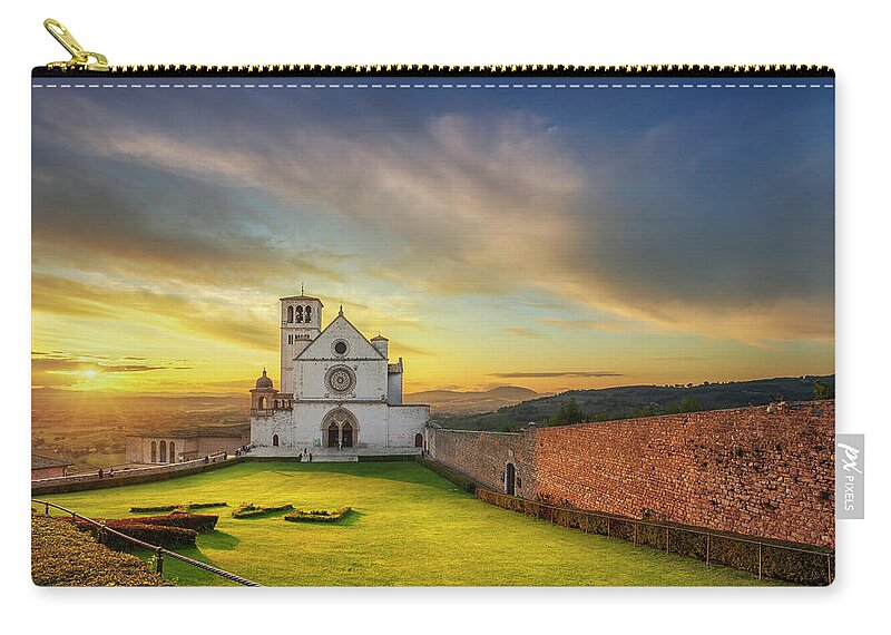 Assisi Zip Pouch featuring the photograph Saint Francis of Assisi Basilica church at sunset. Umbria, Italy. by Stefano Orazzini
