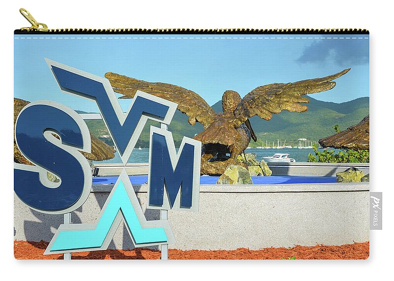 Saint Zip Pouch featuring the photograph Saint Martin sint maarten Airport sign pelican statues caribbean by Toby McGuire