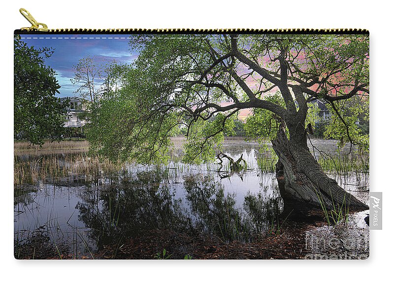 Salt Marsh Zip Pouch featuring the photograph Salt Marsh - Sunset - Live Oak Tree by Dale Powell