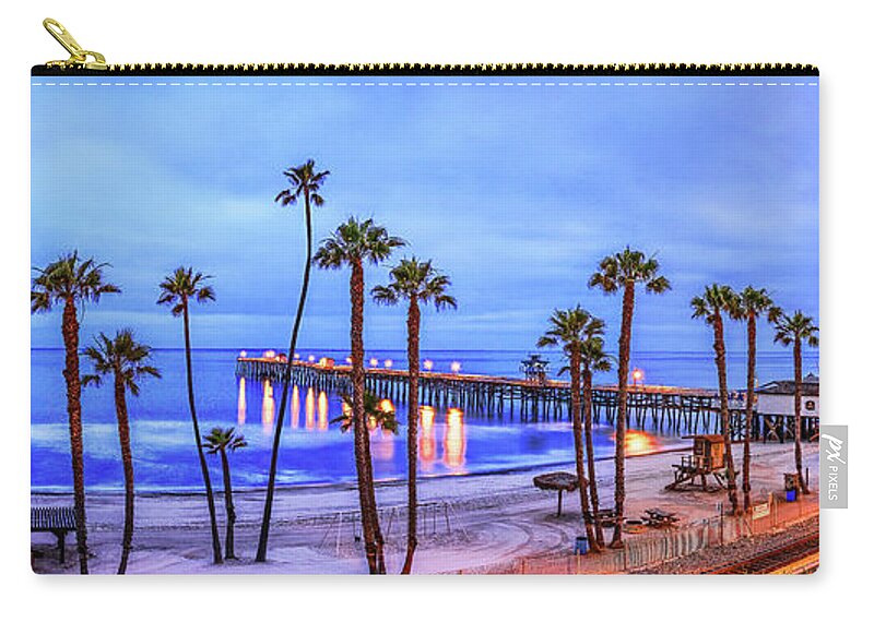 San Clemente Zip Pouch featuring the photograph San Clemente Pier Panorama, Sunrise, California by Don Schimmel