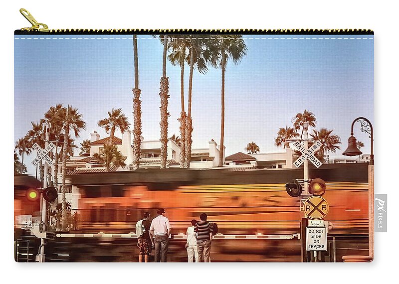 Train Zip Pouch featuring the photograph San Clemente Pier Train Crossing by Rebecca Herranen