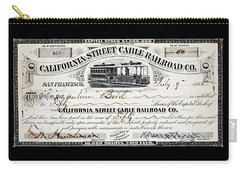 California Cable Car Zip Pouch featuring the drawing San Francisco California Street Railroad Company Stock Certificate 1885 by Peter Ogden