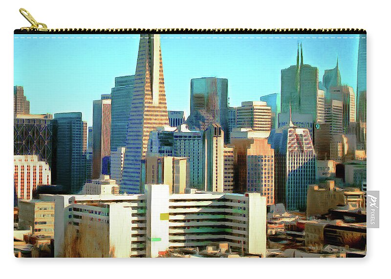 Wingsdomain Zip Pouch featuring the photograph San Francisco Downtown Financial District Cityscape Panorama With Bay Bridge R1814 Painterly Square by Wingsdomain Art and Photography