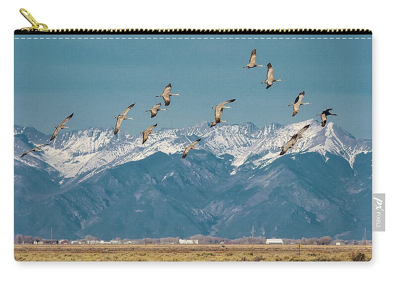 Sandhill Cranes In Flight Zip Pouch featuring the photograph SandHill Cranes in Flight by Bitter Buffalo Photography