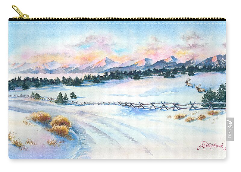 This Was My View Early One Cold Zip Pouch featuring the painting Sangres Sunrise by Jill Westbrook