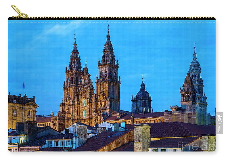 Way Zip Pouch featuring the photograph Santiago de Compostela Cathedral Spectacular View by Night and Tiled Roofs La Coruna Galicia by Pablo Avanzini