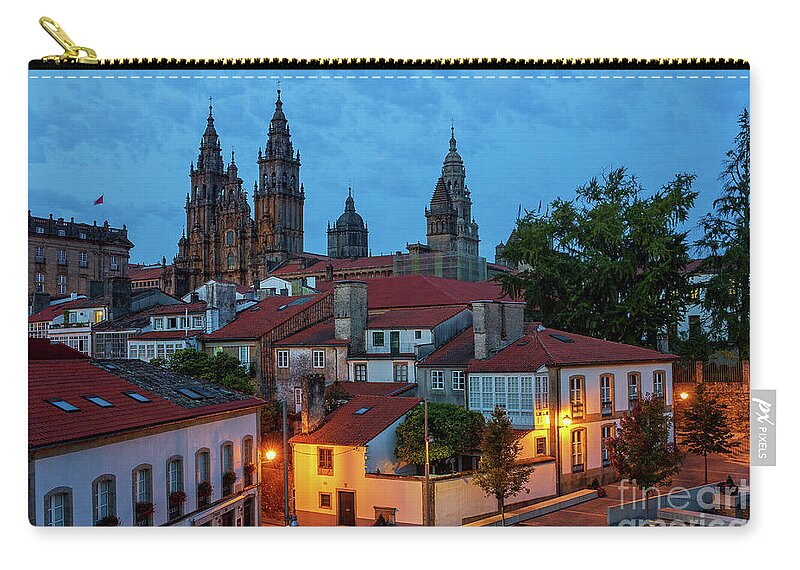 Way Carry-all Pouch featuring the photograph Santiago de Compostela Cathedral Spectacular View by Night Dusk with Street Lights and Tiled Roofs La Corua Galicia by Pablo Avanzini