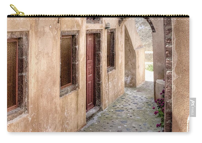 Architecture Zip Pouch featuring the photograph Santorini Courtyard by Sandra Bronstein