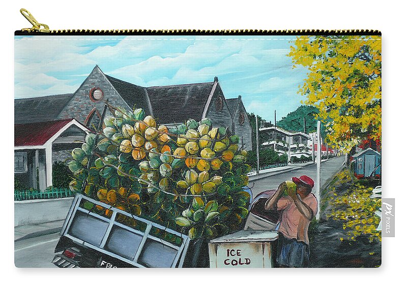  Caribbean Painting Coconuts Vendor Trinidad And Tobago Painting Savannah Paintings  Poui Tree Painting Tropical Painting Carry-all Pouch featuring the painting Savannah Coconut Vendor by Karin Dawn Kelshall- Best