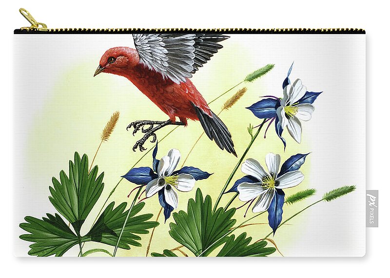 Wildlife Zip Pouch featuring the painting Scarlet Tanager and Blue Columbine by Don Balke