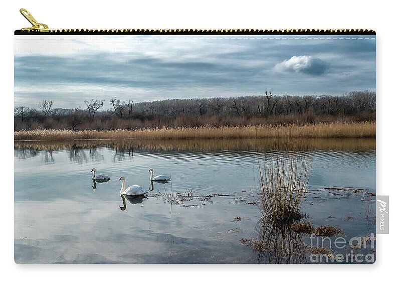 Abandoned Zip Pouch featuring the photograph Scenic Landscape With Swan And Abandoned Meander In The National Park Danube Wetlands In Austria by Andreas Berthold