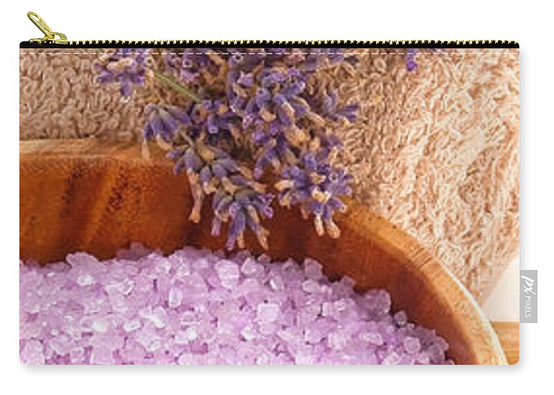 Accessories Carry-all Pouch featuring the photograph Scented Lavender Bath Salts and Aromatherapy Accessories by Olivier Le Queinec