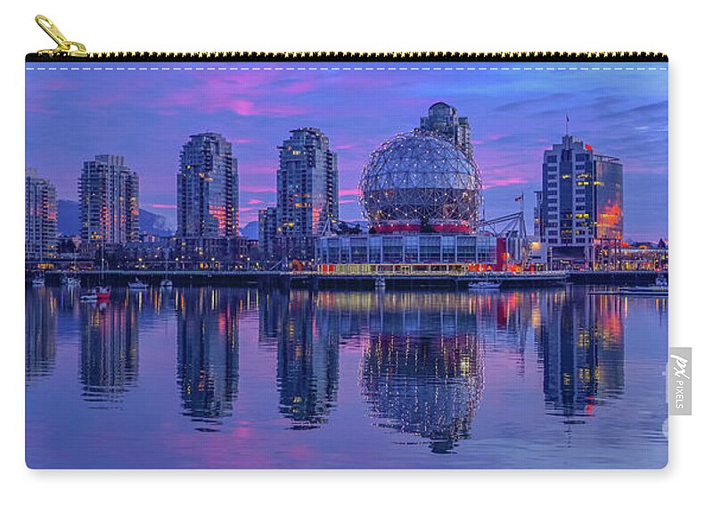 False Creek Zip Pouch featuring the photograph Science World Skyline by Michael Wheatley