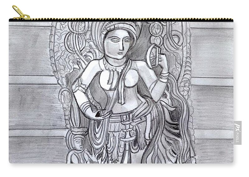 Sculpture Carry-all Pouch featuring the drawing Sculpture pencil drawing of Madanika Chennakesava temple Karnataka by Manjiri Kanvinde