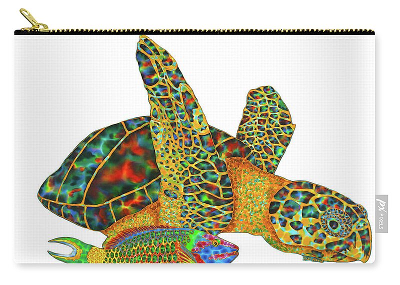  Zip Pouch featuring the painting Sea Turtle white background by Daniel Jean-Baptiste