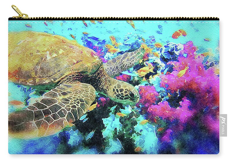 Sea Turtle Zip Pouch featuring the mixed media Sea Turtle with Fish and Coral Reef Watercolor Painting by Shelli Fitzpatrick