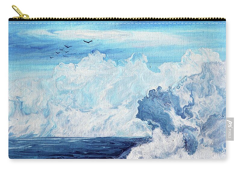 Blue Zip Pouch featuring the painting Seagulls Soar Above the Surf by Laura Iverson