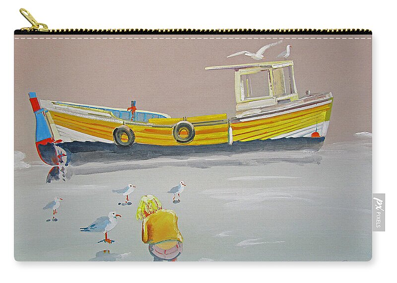 Fishing Boat Zip Pouch featuring the painting Seagulls With Fishing Boat by Charles Stuart