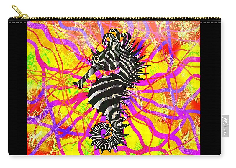 Portrait Zip Pouch featuring the drawing Seahorse Zebra Stripes Bold And Bright by Joan Stratton