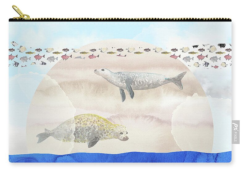 Seals Zip Pouch featuring the digital art Seals, Sand, Ocean, Sun - A Surreal Dream by Andreea Dumez