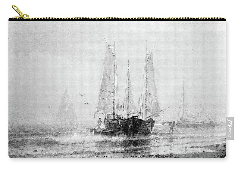 Seascape Zip Pouch featuring the painting Seascape Fishing Boats by the Shore 1875 by Henry Pember Smith