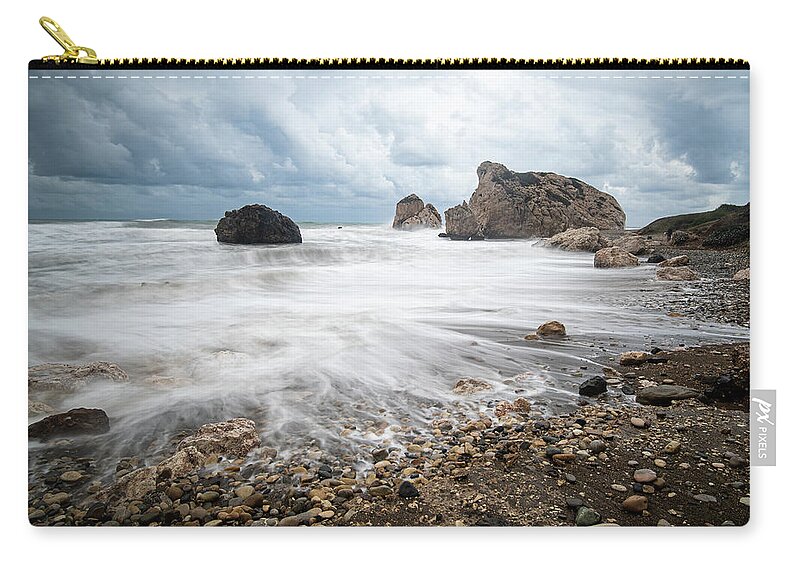 Sea Waves Carry-all Pouch featuring the photograph Seascape with windy waves during stormy weather on a rocky coast by Michalakis Ppalis