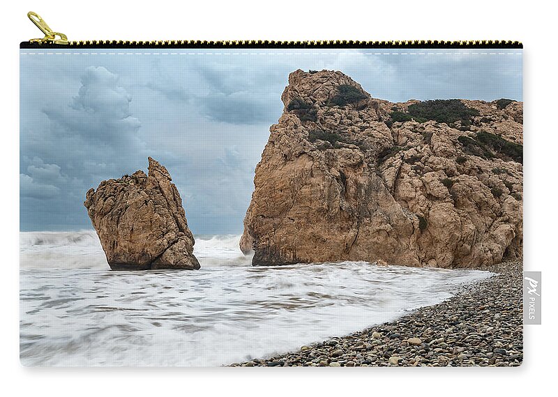 Coastline Carry-all Pouch featuring the photograph Seascapes with windy waves. Rock of Aphrodite Paphos Cyprus by Michalakis Ppalis