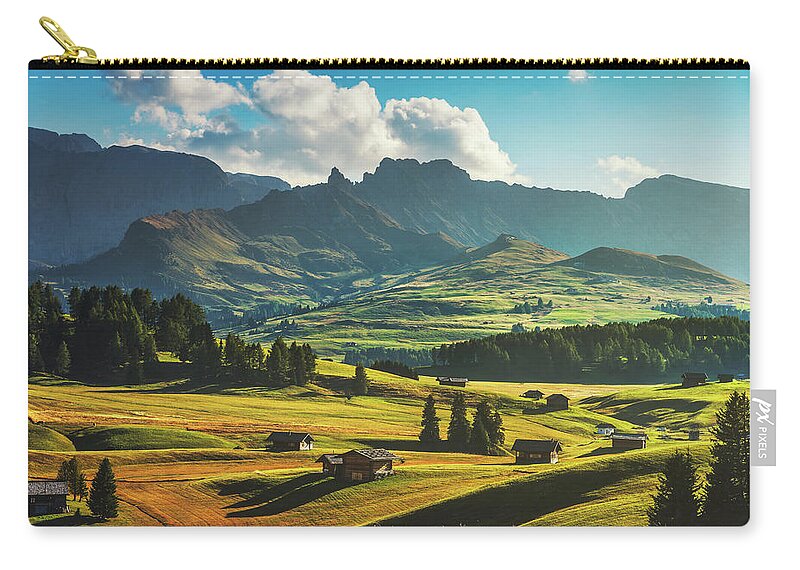 Alpe Zip Pouch featuring the photograph Seiser Alm Wooden Huts. Dolomites by Stefano Orazzini