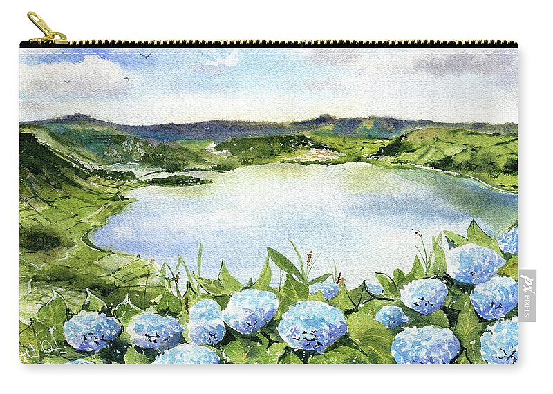 Sete Cidades Carry-all Pouch featuring the painting Sete Cidades in Azores Sao Miguel Painting by Dora Hathazi Mendes