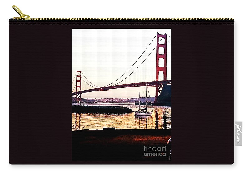 Golden Gate Bridge Zip Pouch featuring the painting SF Fog Meets October Sunset by Artist Linda Marie