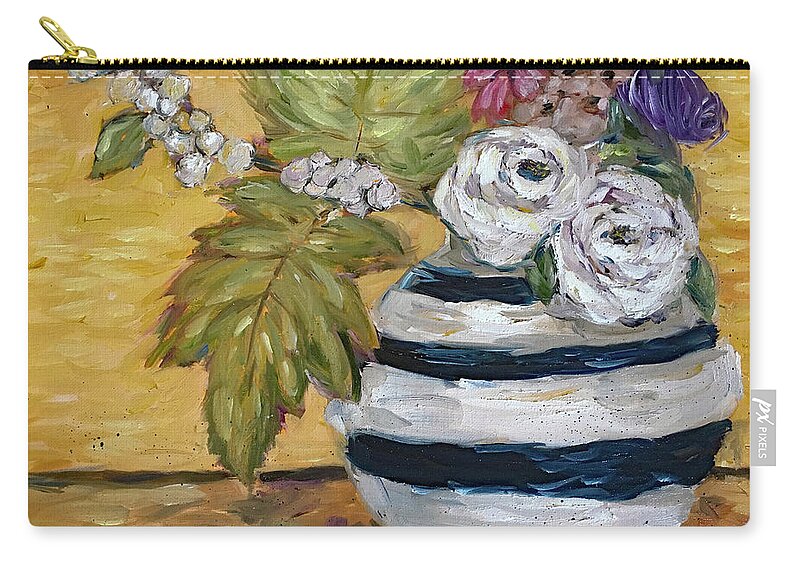 Shabby Roses Zip Pouch featuring the painting Shabby Roses in a Striped Porcelain Vase by Roxy Rich