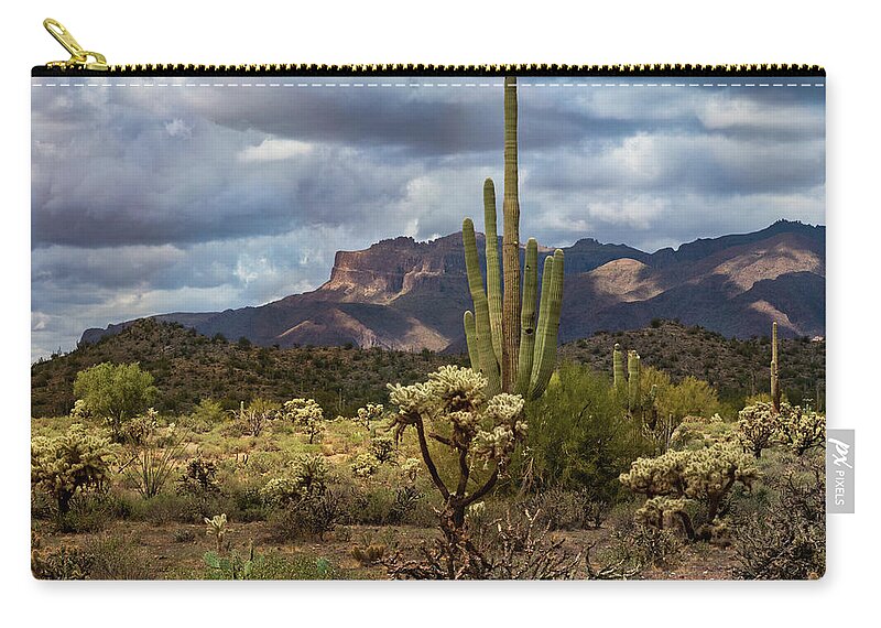 The Superstition Mountains Zip Pouch featuring the photograph Shadow Play In The Supes by Saija Lehtonen