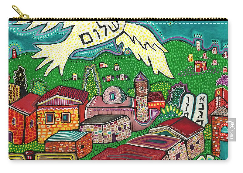 Shalom Zip Pouch featuring the painting Shalom Over Tzfat by Yom Tov Blumenthal