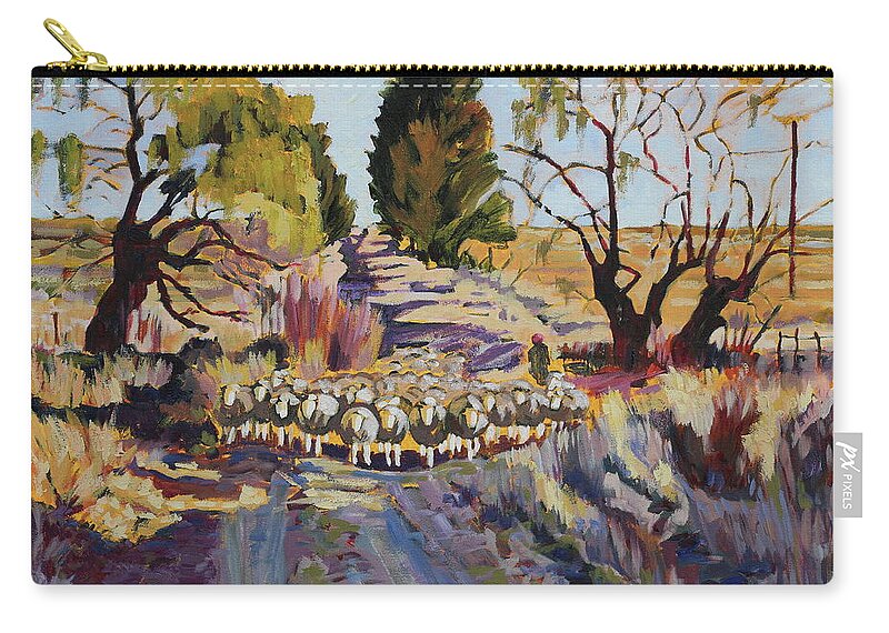 Sheep And Shepherd At Sunset Oil Painting Bertram Poole Zip Pouch featuring the painting Sheep and Shepherd at Sunset oil painting Bertram Poole by Thomas Bertram POOLE
