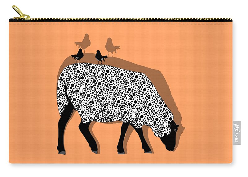 Black Faced Sheep Zip Pouch featuring the drawing Sheep And Two Willie Wagtails Black And White Pattern by Joan Stratton