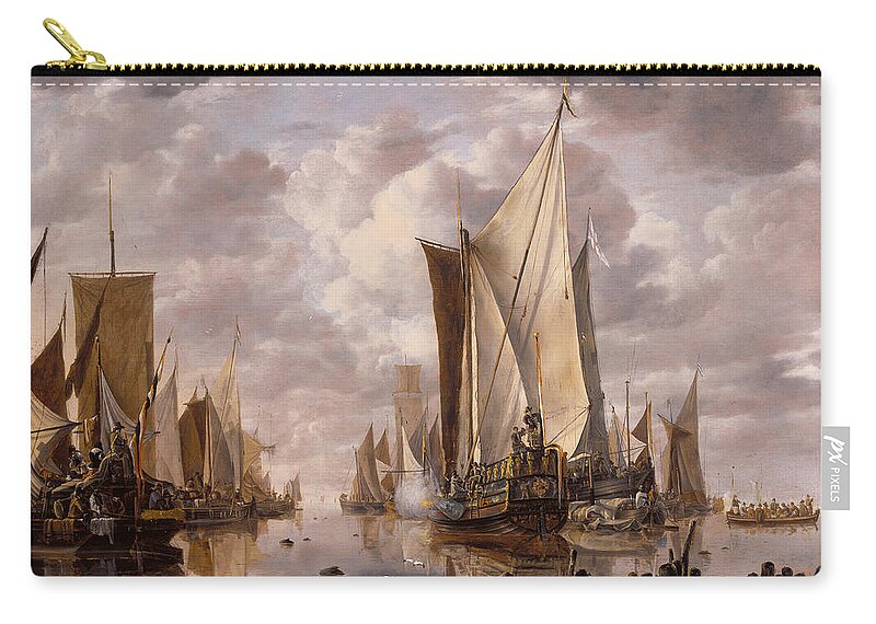 Maritime Zip Pouch featuring the painting Shipping in a Calm at Flushing with a States General Yacht Firing a Salute by War Is Hell Store