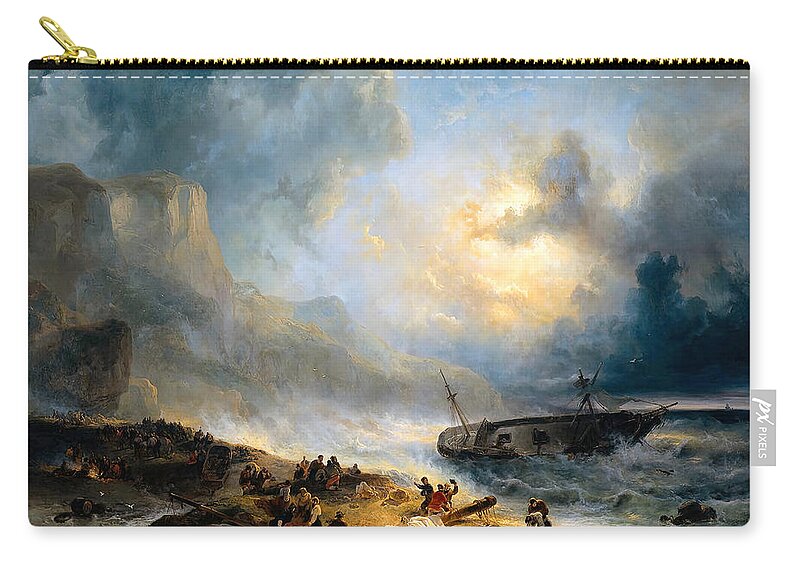 Shipwreck Zip Pouch featuring the painting Shipwreck on a Rocky Coast by Wijnandus Johannes Joseph Nuyen