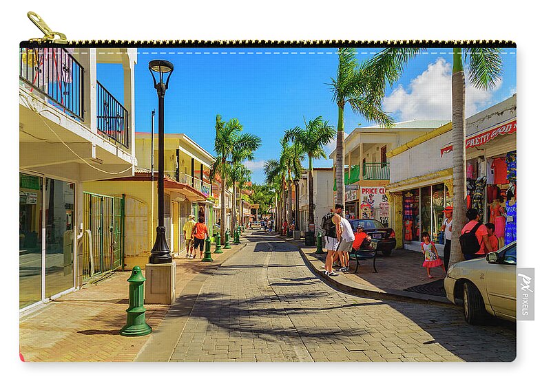 Trees; Travel; People; Color; Skies; Clouds Zip Pouch featuring the photograph Shopping in Saint Maarten by AE Jones