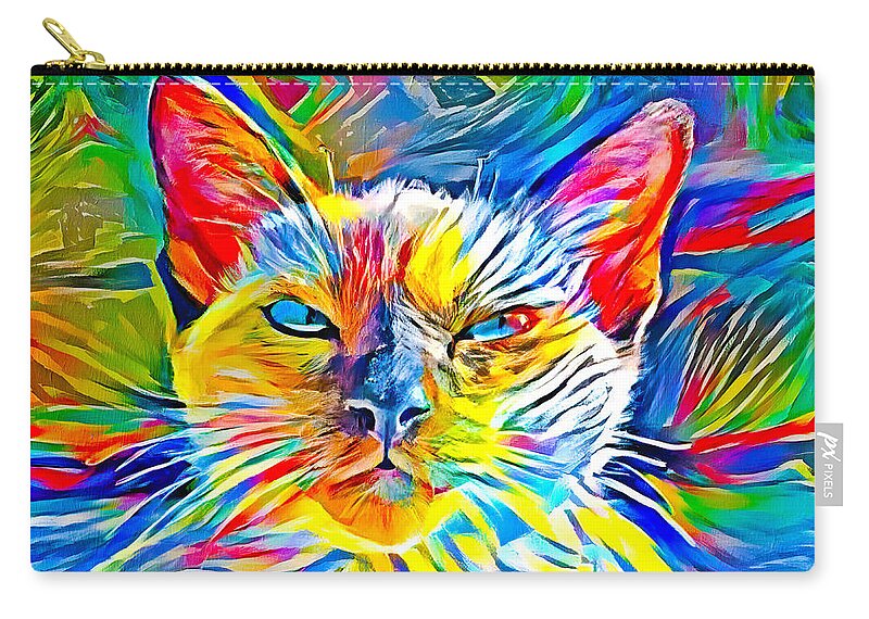 Siamese Cat Zip Pouch featuring the digital art Siamese cat face in the sun - colorful zebra pattern painting by Nicko Prints