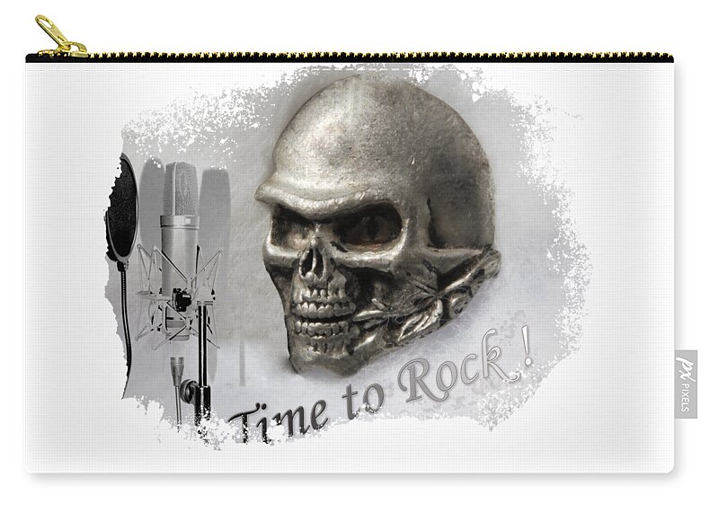Silver Zip Pouch featuring the digital art Silver metal skull with mic, rock music motivation by Tom Conway