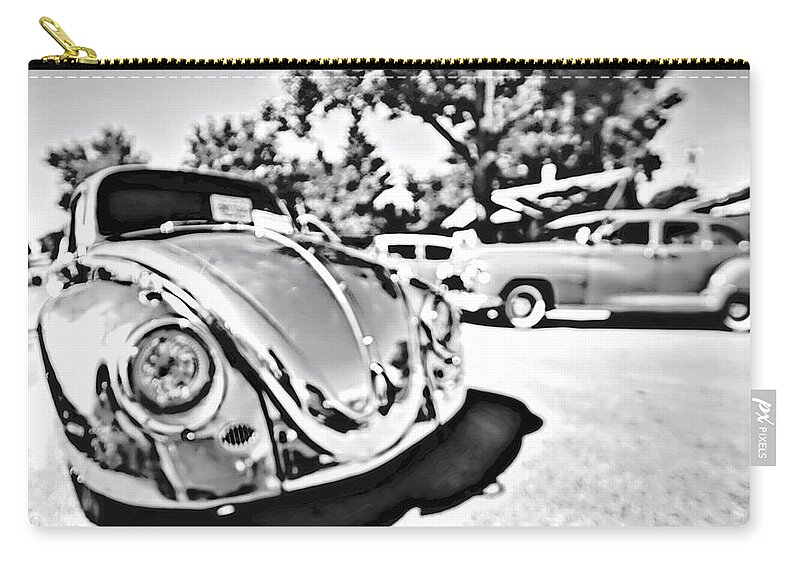 Volks Wagon Zip Pouch featuring the photograph Silver Shine VW Beetle bw by Cathy Anderson