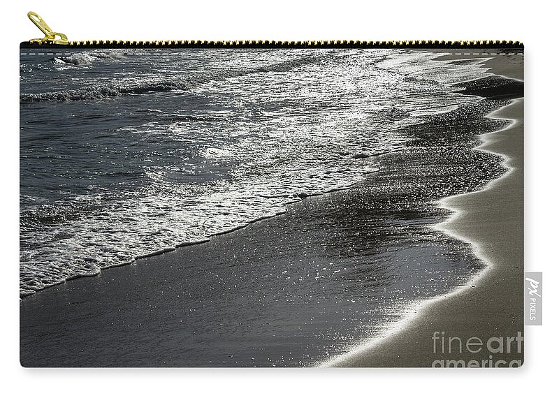 Sandy Beach Zip Pouch featuring the photograph Silver sea water meets sand 4, Mediterranean coast by Adriana Mueller