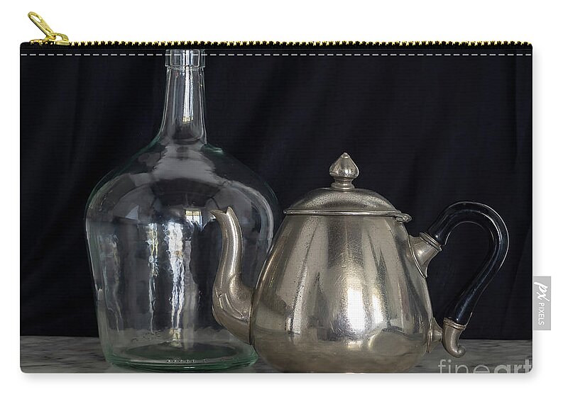 Culture Zip Pouch featuring the photograph Silver Teapot and Demijohn Black Background Marble Table by Pablo Avanzini