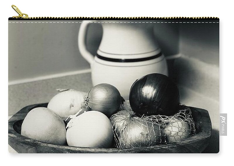 Onions Zip Pouch featuring the photograph Silver tone Still Life with Onions by Karen Francis
