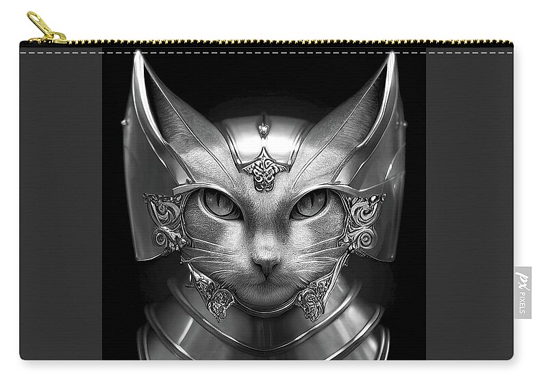 Warriors Zip Pouch featuring the digital art Singa the Warrior Cat - Black and White by Peggy Collins