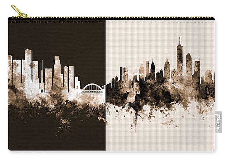 Singapore Zip Pouch featuring the digital art Singapore and New York Skyline Mashup by Michael Tompsett
