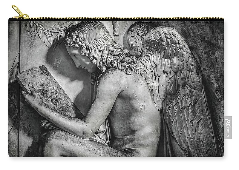 Black Zip Pouch featuring the photograph Sitting Angel Reading Stone Tablet In Black And White Background by Luca Lorenzelli