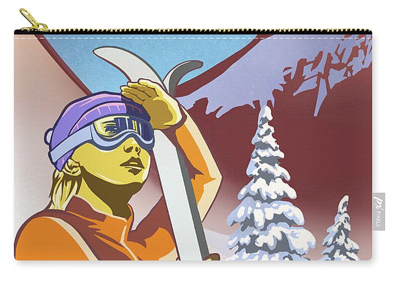 Retro Ski Poster Zip Pouch featuring the painting Ski the Rocky Mountains by Sassan Filsoof