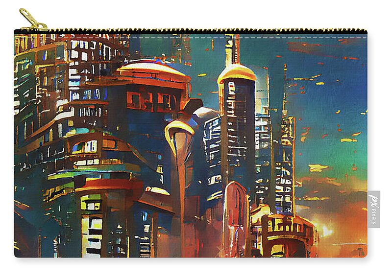 Future Zip Pouch featuring the painting Skyline from the Future, 01 by AM FineArtPrints
