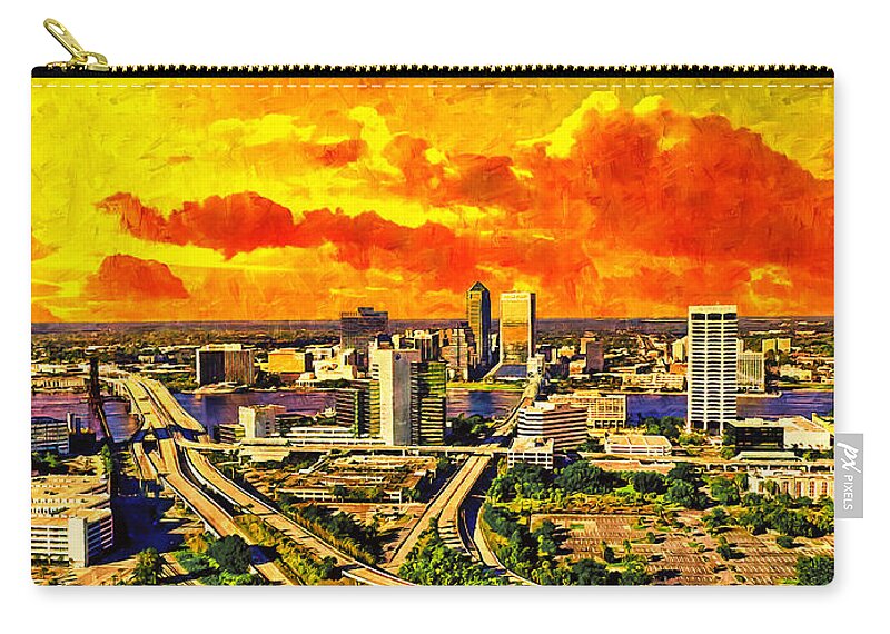 Downtown Jacksonville Zip Pouch featuring the digital art Skyline of downtown Jacksonville at sunset - digital painting by Nicko Prints